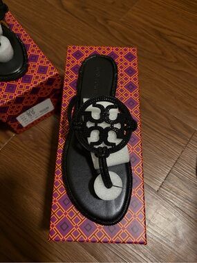 Tory Burch Black Logo Beaded Thong Sandal